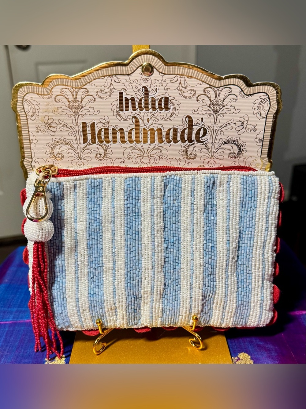 NWT India Handmade Blue White Striped Beaded Zipper Pouch Clutch